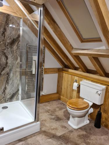 a bathroom with a toilet and a shower at Renovated Loft on Working Farm in Mayfield