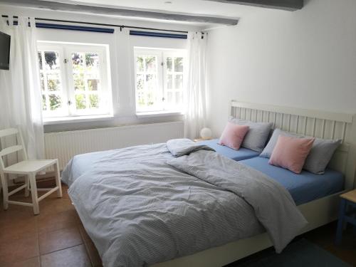 a bedroom with a bed with pink and grey pillows at Alte Stellmacherei - Ferienwohnung 2 in Riepsdorf