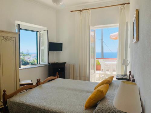 a bedroom with a bed with a view of the ocean at Pensione Casa Verde in Ischia