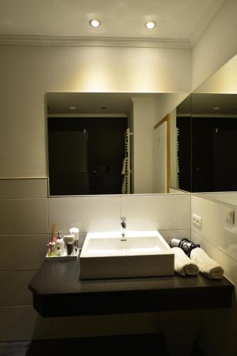 a bathroom with a sink and a large mirror at Haus Tirolerland in Oetz
