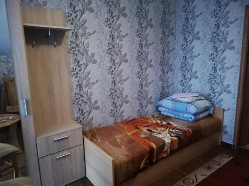 a bedroom with a bed with a tiger patterned wall at Agroturystyka Pod Bocianim Gniazdem in Morgowniki