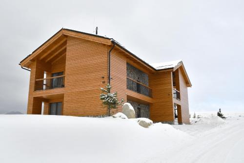 a wooden house with snow in front of it at Apartmány Tatry Žiarce in Liptovský Mikuláš