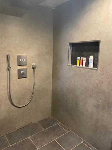 a shower stall in a bathroom with a window at Diamant Apartment in Gattendorf