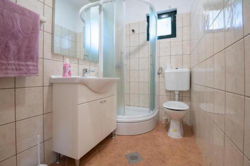 ein Bad mit einem WC, einem Waschbecken und einer Dusche in der Unterkunft Casa Nina in Neum