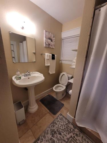 a bathroom with a sink and a toilet and a mirror at EXQUISITE FAMILY HOME in Lakeland