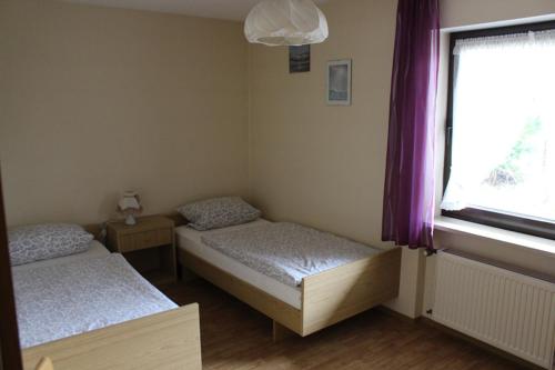 Duas camas num quarto com uma janela em Gästehaus Alpensicht em Grafenhausen