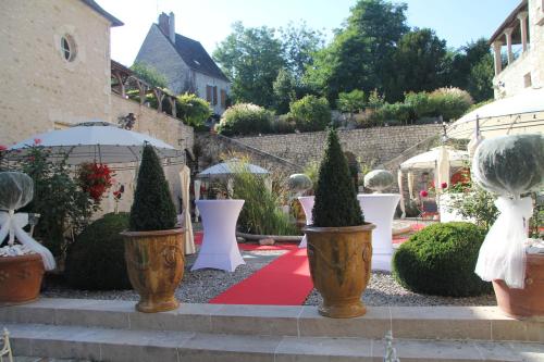 a red carpet in a garden with potted plants at Demeure des Vieux Bains in Provins