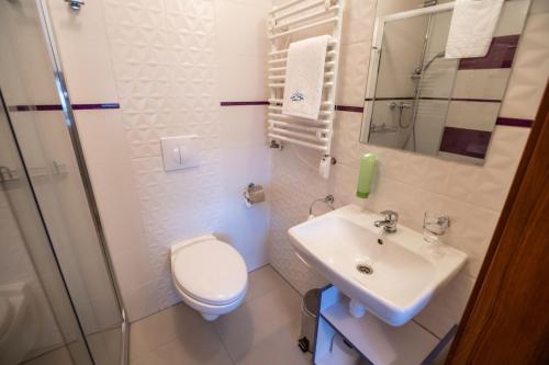 a white bathroom with a toilet and a sink at Apart-Invest Nieruchomości Studio 30 in Szklarska Poręba