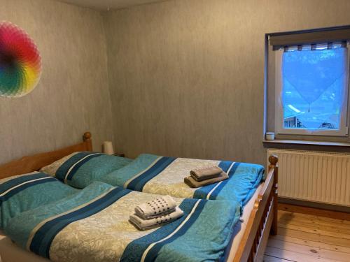 2 camas individuales en un dormitorio con ventana en Ferienwohnung Marienhof OG, en Seelbach