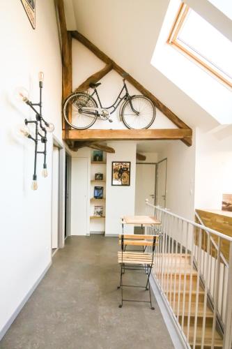 - un vélo suspendu au plafond d'une pièce dans l'établissement Le Remarquable , appartement avec climatisation, à Sarlat-la-Canéda