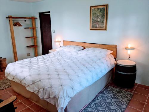 ein Schlafzimmer mit einem großen Bett mit einer weißen Bettdecke in der Unterkunft Lime Tree Farm, Blue Mountains in Mavis Bank