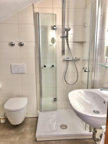 a bathroom with a shower and a toilet and a sink at Pension Vendel in Pfronten