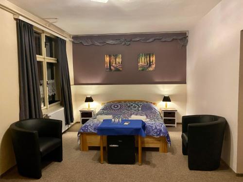 ストラージュネーにあるHotel Petskiのベッドルーム1室(ベッド1台、椅子2脚付)