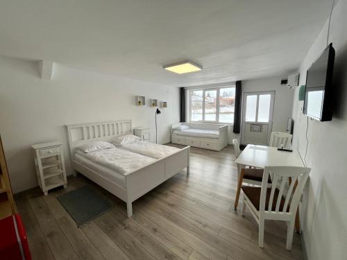 1 dormitorio con cama, mesa y escritorio en Pixel Guesthouse, en Tîrgu Secuiesc