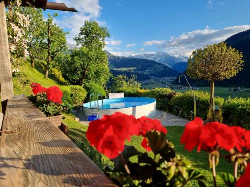 a garden with a swimming pool and red flowers at Holiday Home Egger - ZAZ379 by Interhome in Aschau