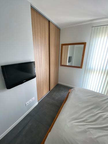 ein Schlafzimmer mit einem Bett und einem Flachbildfernseher in der Unterkunft Logement Confort 2 Chambres / Séjour-cuisine proche de Montpellier in Saint-Aunès