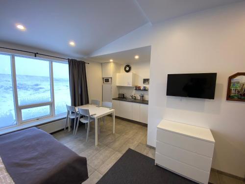 
a hotel room with a large bed and a television at Ace Guesthouse in Keflavík
