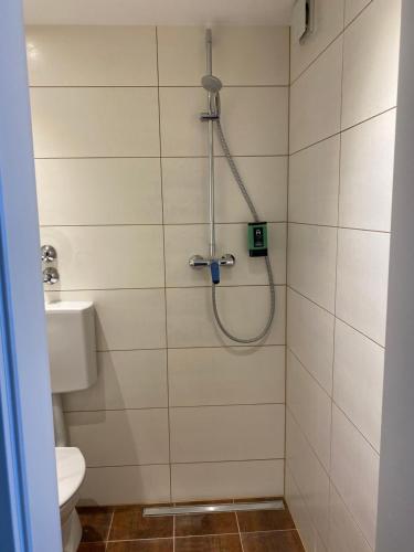 uma casa de banho com um chuveiro e um WC. em Hotel Montree em Munique
