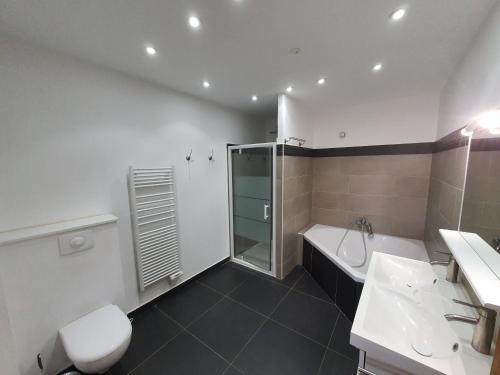 uma casa de banho com um chuveiro, um WC e um lavatório. em Appartement Piovanacce - T3 avec pisicne privée 10min de Saint-Florent em Barbaggio