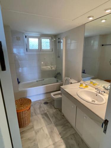 La salle de bains est pourvue d'un lavabo, d'une baignoire et de toilettes. dans l'établissement El Lobo de Mar Estepona, à Estepona