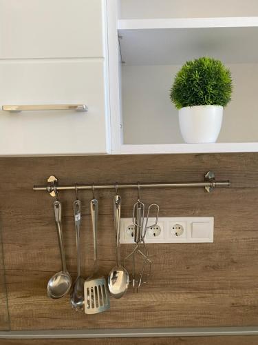 a kitchen counter with utensils hanging from a cabinet at Zrinyi Central Apartman with free parking in Nyíregyháza