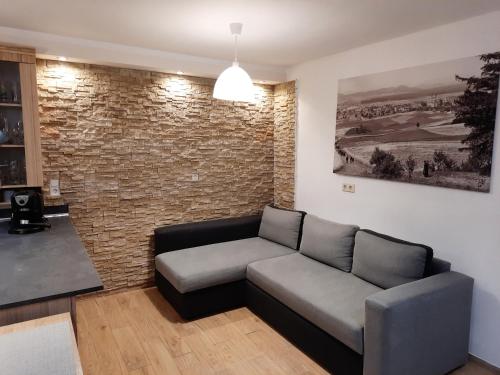 uma sala de estar com um sofá e uma parede de tijolos em Agroturystyka Romanówka w Krzeszowie em Krzeszów