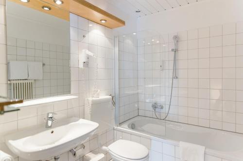 uma casa de banho com um lavatório, um WC e um chuveiro em Hotel Restaurant Römerhof em Leibnitz
