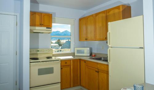 una cucina con armadi in legno e frigorifero bianco di Dark Sky Suites a Westcliffe