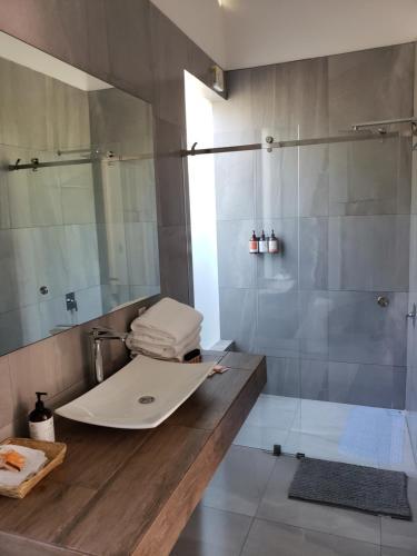 a bathroom with a sink and a shower with a mirror at Hotel CaLu 21 en La Laguna, Santa María del Oro in Santa María del Oro