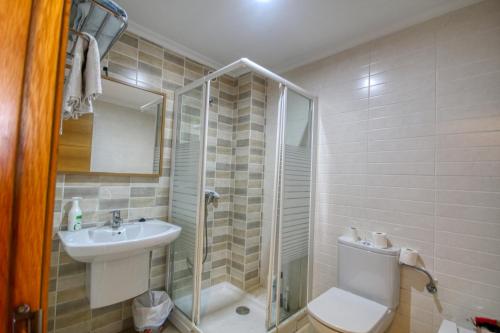 a bathroom with a shower and a toilet and a sink at Pension Escalinata in Sarria