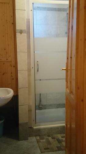 a bathroom with a shower and a sink at Zalakaros Panoráma Apartmanok in Zalakaros