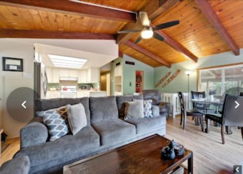 a living room with a couch and a table at Apple Belle Cabin Mountain Escape in Oakhurst