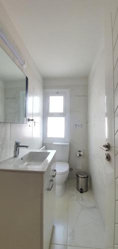 a white bathroom with a sink and a toilet at KALIDONIA RESIDENCE Suite Nicosia , Spacious 2 BR suite with office in Nicosia