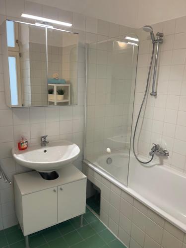 een witte badkamer met een wastafel en een douche bij Gesamte Unterkunft für 4 Personen Top 3 in Wenen