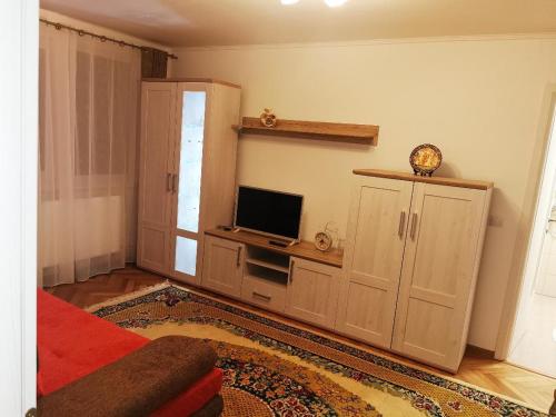 a living room with a tv and a cabinet with a tv at Bee Studio in Iernut
