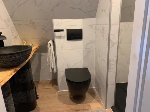 La salle de bains est pourvue de toilettes noires et d'un lavabo. dans l'établissement B&B bij Vincent, à Nieuw-Amsterdam