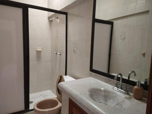a bathroom with a shower and a sink and a toilet at HERMOSA CASA EN CUERNAVACA: JARDÍN DEL LAGO in Cuernavaca
