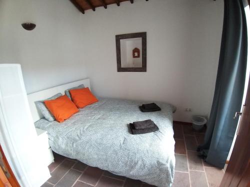 a bedroom with a bed with orange pillows and a mirror at Casa Malbusca in Almagrinha