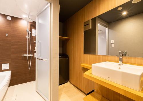 a bathroom with a sink and a mirror at fav Hida Takayama in Takayama