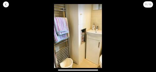 a small bathroom with a sink and a toilet at The cottage at number 5 in Selsey
