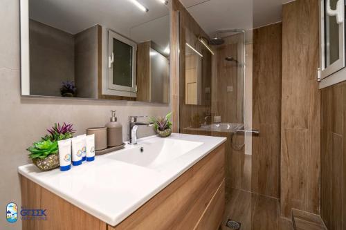 a bathroom with a sink and a shower at The Spiritual Athens Apartment in Athens