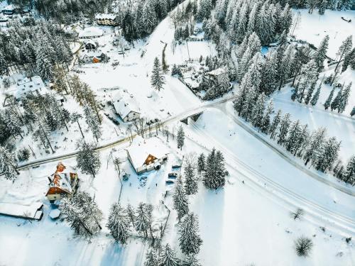 an aerial view of a snow covered village with trees at Stacja Szklarska Poręba - cisza i komfort in Szklarska Poręba