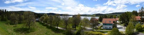 an aerial view of a house and a lake at Apartmán DOKY Lipno in Lipno nad Vltavou