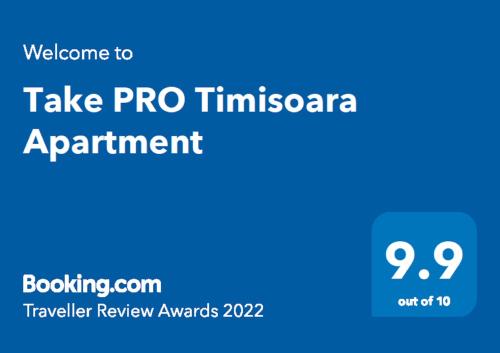 a blue sign with the text take pro timento appointment at Take PRO Timisoara Apartment in Timişoara