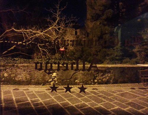 a group of birds walking down a sidewalk at night at Hotel La Congiura dei Baroni in Teggiano