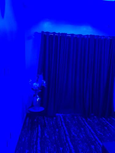 a blue room with a vase with flowers in front of a curtain at DELIGHTFUL ! 3 BEDROOM TERRACE DUPLEX EN-SUITE ORCHID RD LEKKI AIRCON WiFi in Lagos
