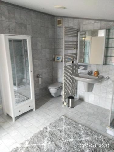 a bathroom with a shower toilet and a sink at Ferienwohnung Christine in Jever