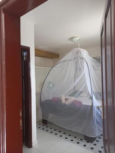 a bedroom with a bed covered in a mosquito net at Riad côté jardin in Saly Portudal