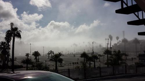 a car parked in a parking lot with palm trees at Fireside Inn By The Beach Boardwalk & Bowling in Santa Cruz