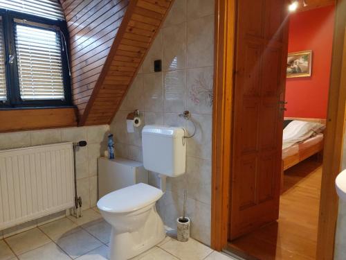 a bathroom with a white toilet in a room at Napfény villa in Balatonfüred